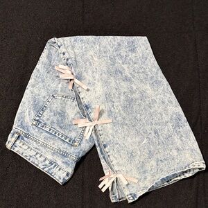 Denim Blue Women's Wide Leg Jeans with Pink Bows